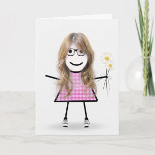 Carte en vichy Anniversaire Stick Girl avec marguerites