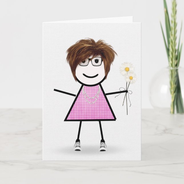 Carte en vichy Anniversaire Stick Girl avec marguerites (Devant)