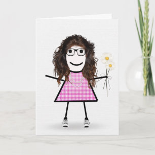 Carte en vichy Anniversaire Stick Girl avec marguerites