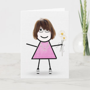 Carte en vichy Anniversaire Stick Girl avec marguerites