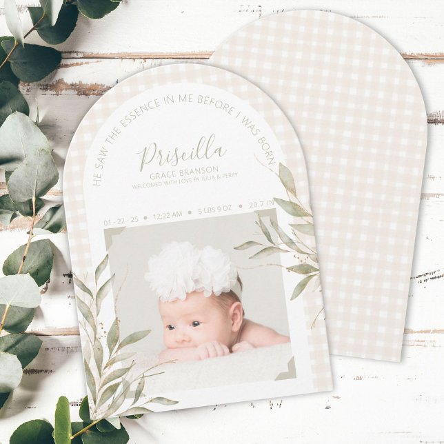 Carte En vichy photo religieuse (Elegant religious birth announcement with photo, soft gingham, gold accents, and personalization)