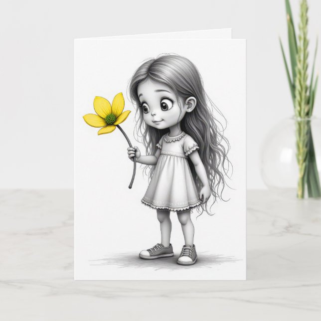 Carte Enfant Chibi Avec Fleur Jaune (Devant)