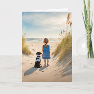 Carte Enfant et chien sur une plage
