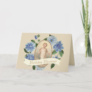 Carte Enfant Jésus Bleu Couronne Fleurs Religieux