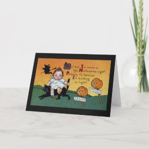 Carte Enfant sur chat et panneaux JOL Halloween Vintage