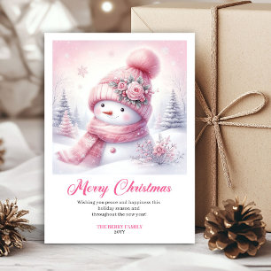 Carte enfantine bonhomme de neige rose éditable en