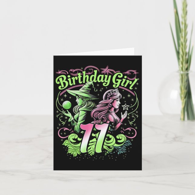 Carte Enfants 11e Anniversaire Sorcière rose et vert 11  (Devant)