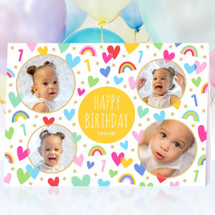 Carte Enfants 1er anniversaire mignon arc-en-ciel Coeurs
