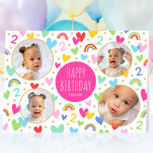 Carte Enfants 2e anniversaire mignon arc-en-ciel Coeurs