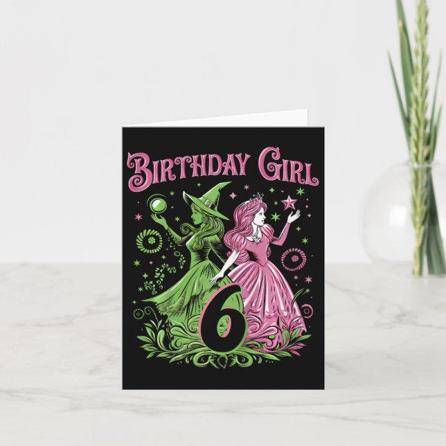 Carte Enfants 6e Anniversaire Sorcière rose et verte 6 A (Devant)