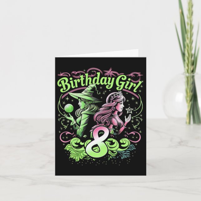 Carte Enfants 8e anniversaire sorcière rose et vert 8 an (Devant)
