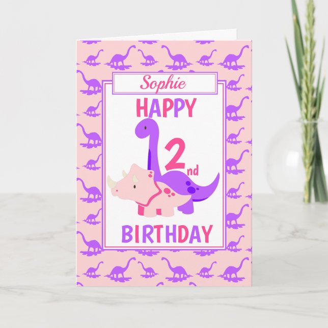 Carte Enfants Dinosaur 2e anniversaire rose (Devant)