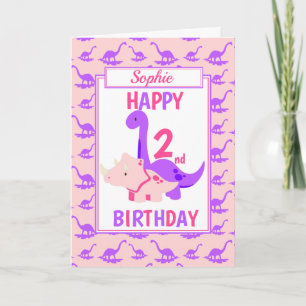 Carte Enfants Dinosaur 2e anniversaire rose