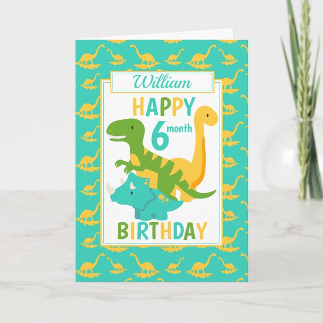 Carte Enfants Dinosaur 6 mois Anniversaire Bleu (Devant)