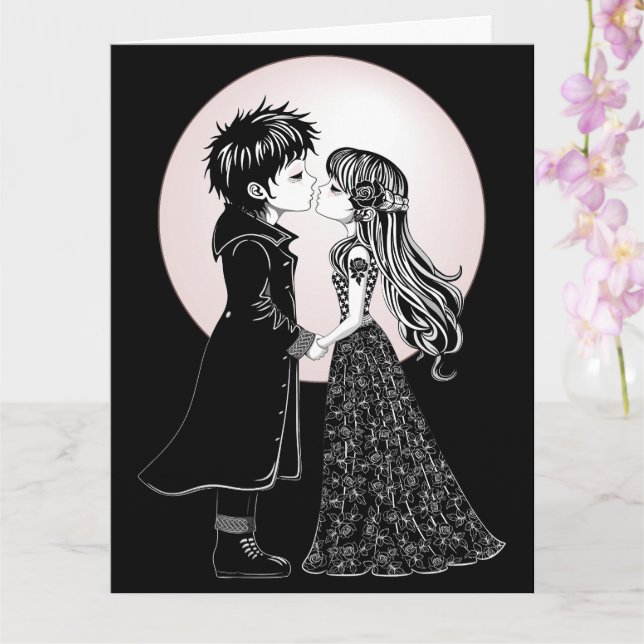 Carte Enfants gothiques emo mignons s'embrassent pour la (Orchidée)