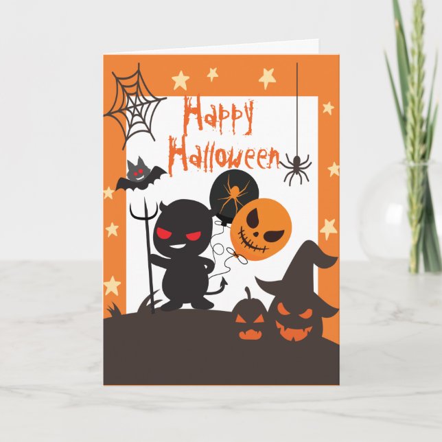 Carte Enfants Joyeux Halloween Orange Noir (Devant)