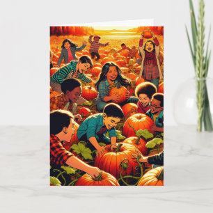 Carte Enfants s'amusant au Patch Citrouille Halloween