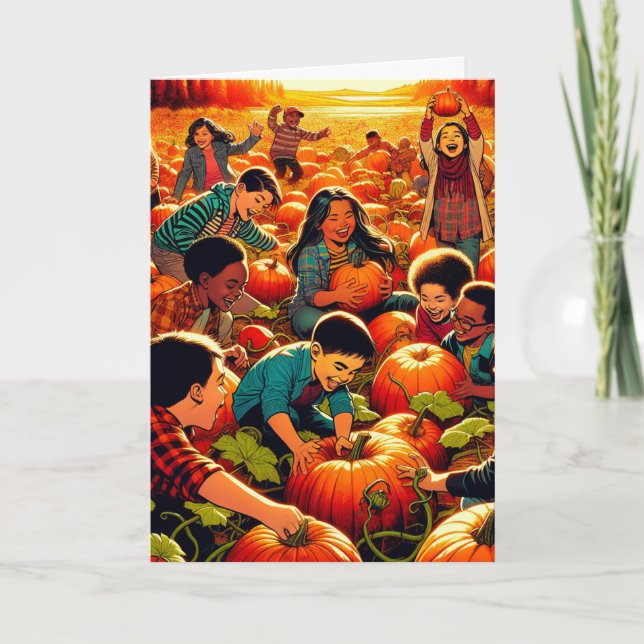 Carte Enfants s'amusant au Patch Citrouille Halloween (Devant)