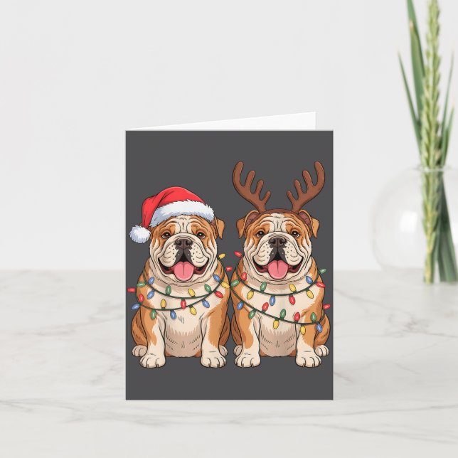 Carte English Bulldog Christmas Santa Hat Reindeer Light (Devant)