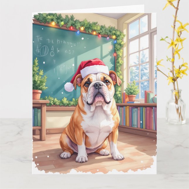 Carte English Bulldog Teacher Classroom Santa Hat (Fleur jaune)