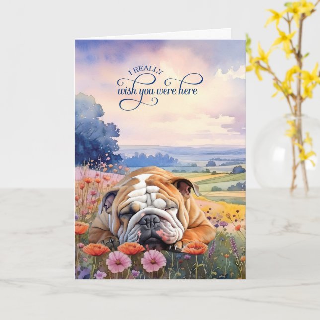Carte English Bulldog Wildflowers Miss You (Fleur jaune)