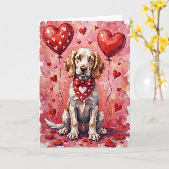 Carte English Setter Valentine’s Day Dog with Hearts Red (Fleur jaune)