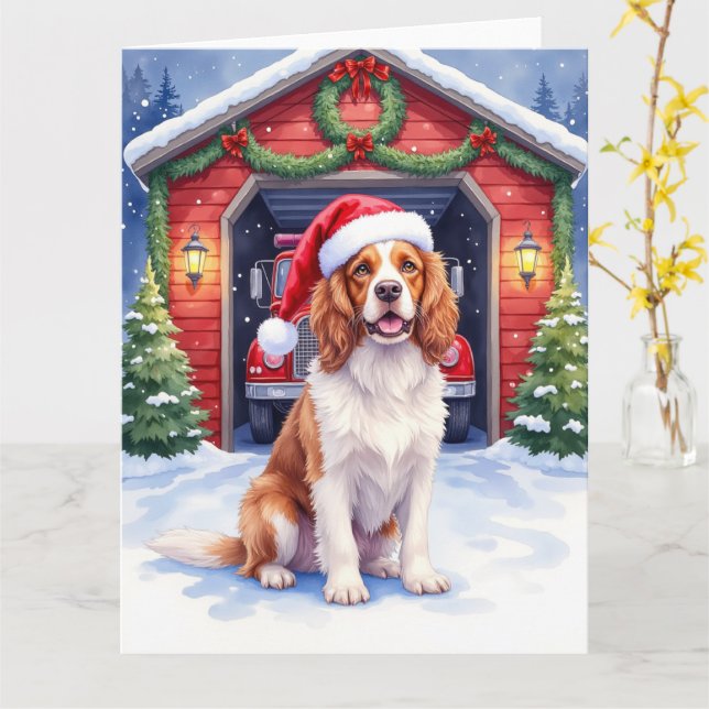Carte English Springer Spaniel Fire Station Santa (Fleur jaune)