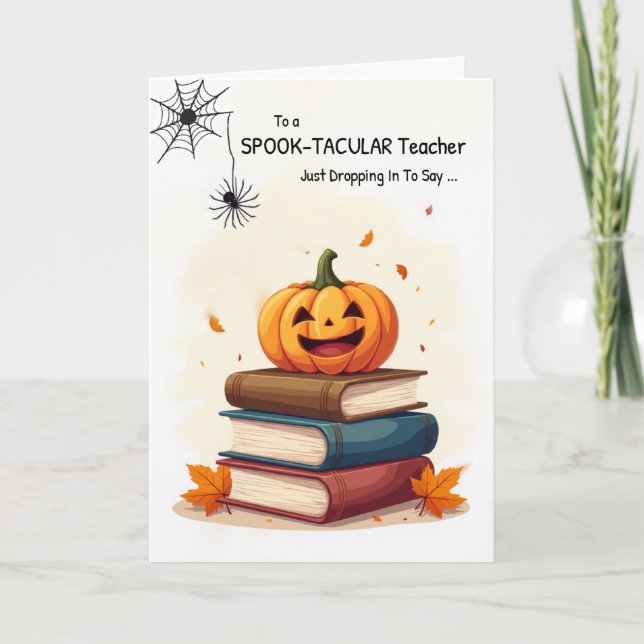 Carte Enseignant Halloween Citrouille sur livres mignonn (Devant)