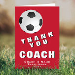 Carte entraîneur Merci rouge balle de football<br><div class="desc">Carte d'entraîneur Merci rouge de balle de football moderne. La carte a un ballon de football noir et blanc sur un arrière - plan rouge. Grande carte pour remercier les entraîneurs sportifs, les formateurs d'équipe du lycée, les entraîneurs de maman ou papa, etc. Customisez tout texte sur la carte. Ajoutez...</div>