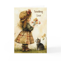 Envoi d'amour petite fille avec chat style vintage