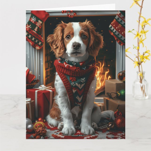 Carte Épagneul breton avec cheminée de cadeaux de Noël  (Fleur jaune)