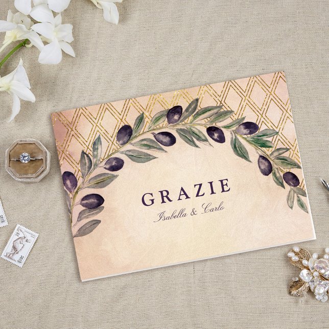 Carte Épouser toscan rustique de branches d'olivier (Tuscan Gold Lattice and Olive Branches Folded Thank You Card)