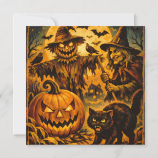 Carte Épouvantail, sorcière, citrouille Halloween vintag