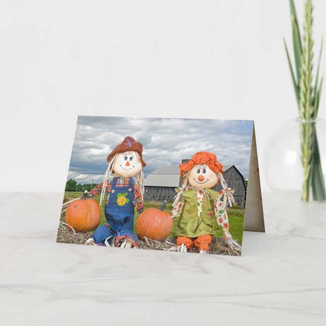 Carte épouvantails d'automne sur une botte de foin (Devant)