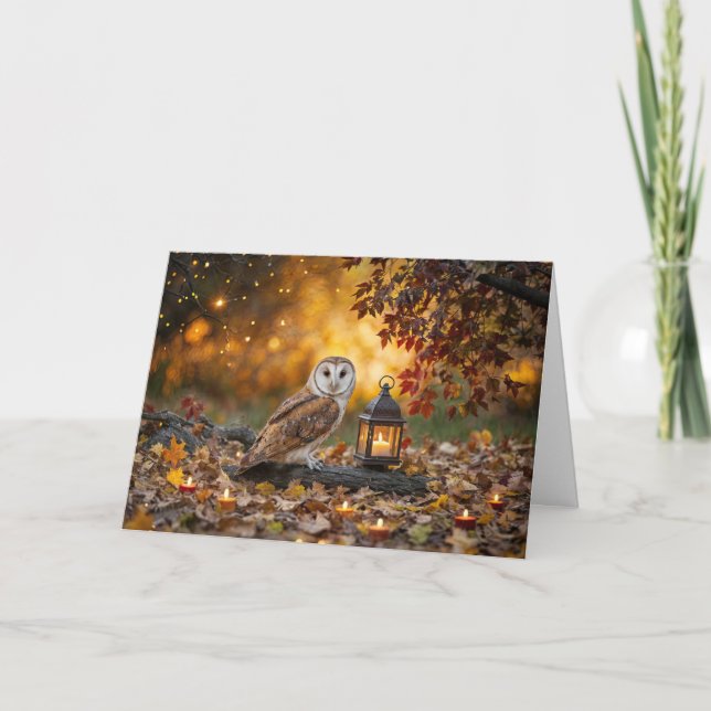 Carte Équinoxe d'automne avec bougies de chouette feuill (Devant)
