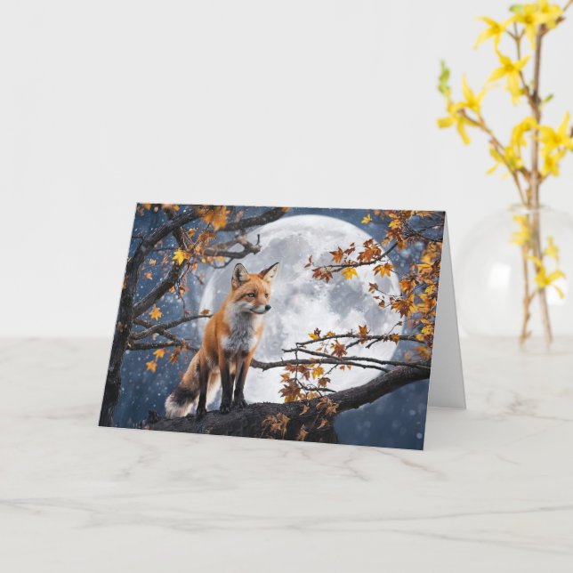 Carte Équinoxe d'automne avec renard de Pleine lune et a (Fleur jaune)