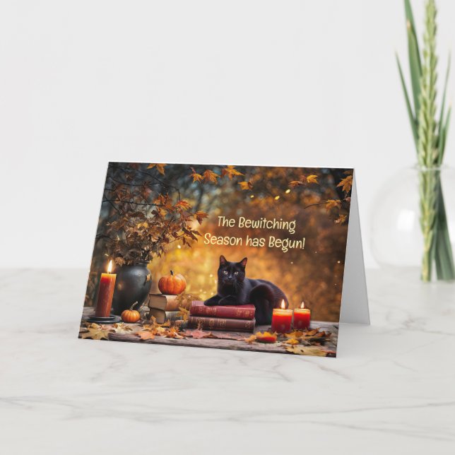 Carte Équinoxe d'automne ou de chute Mignon chat noir (Devant)