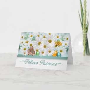 Carte Espagnol Pâques Daisy Jardin lapin et oeufs