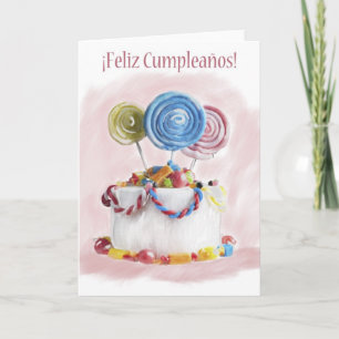 Carte espagnole de gâteau d'anniversaire de Feliz