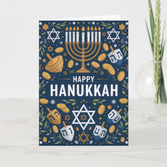 Carte Étoile de David Motif de la Menorah – Joyeux Hanou (Devant)
