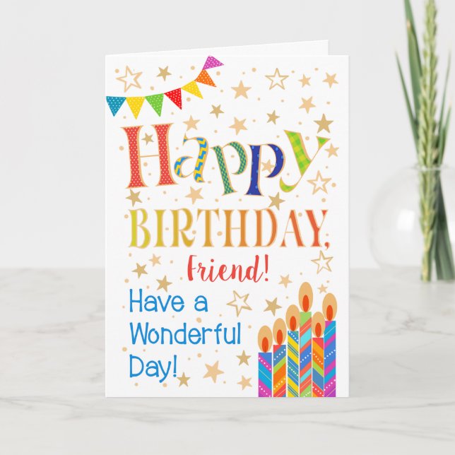 Carte Étoiles, Bunting, Bougies pour Ami Anniversaire (Devant)