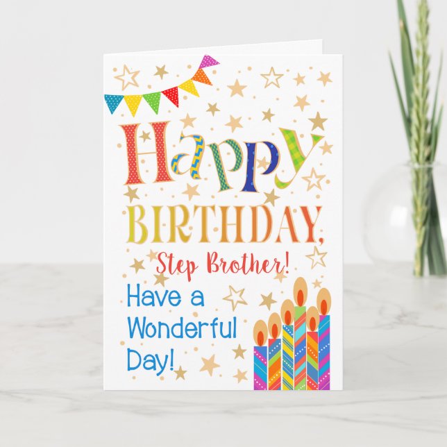 Carte Étoiles, Bunting, bougies pour Step Brother Annive (Devant)