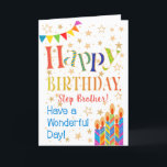 Carte Étoiles, Bunting, Bougies pour Step Brother Annive<br><div class="desc">Une carte d'anniversaire colorée et textuelle pour un Step Brother, avec Polka Dot Bunting, des bougies d'anniversaire rayées et brillantes et parsemées d'étoiles à effet or. Le texte à motifs dit "Joyeux anniversaire" et il y a aussi "Bonne journée !" en lettres bleues (NB, les étoiles et les contours de...</div>