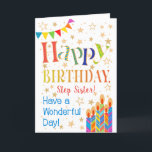 Carte Étoiles, Bunting, bougies pour Step Sister Anniver<br><div class="desc">Une carte d'anniversaire colorée, textuelle, pour une soeur étape avec du Bunting Polka Dot, des bougies d'anniversaire rayées et brillantes et parsemées d'étoiles à effet or. Le texte à motifs dit "Joyeux anniversaire" et il y a aussi "Bonne journée !" en lettres bleues (NB, les étoiles et les contours de...</div>