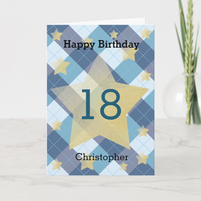 Carte Étoiles d'argent bleu plaid 18e anniversaire (Devant)