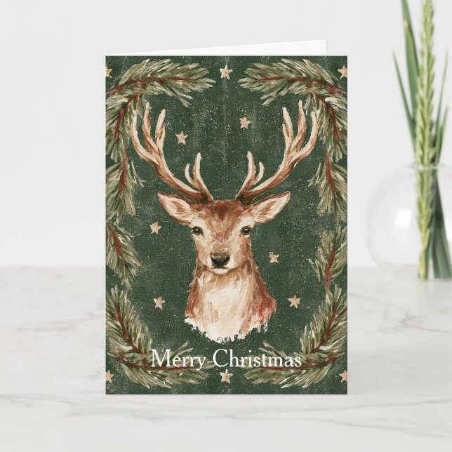 Carte Étoiles dorées de Noël de cerf vert (Devant)