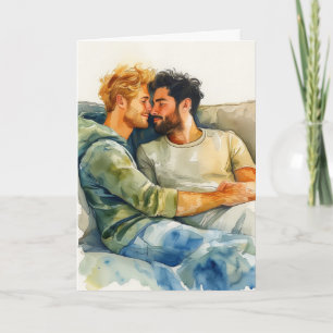 Carte Étreinte à l'aquarelle sur canapé bleu