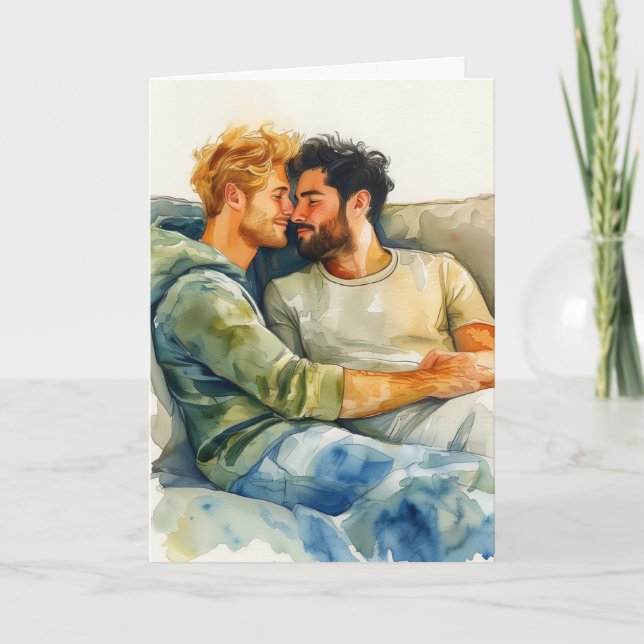 Carte Étreinte à l'aquarelle sur canapé bleu (Devant)