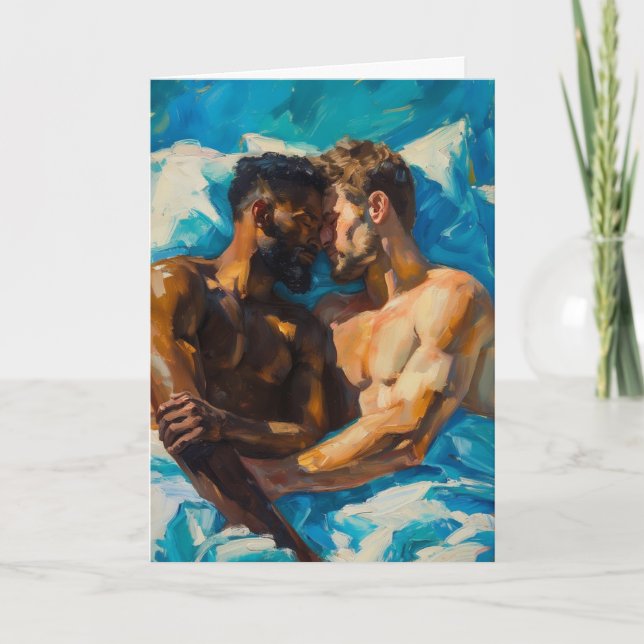 Carte Étreinte matinale sur des draps turquoise (Devant)