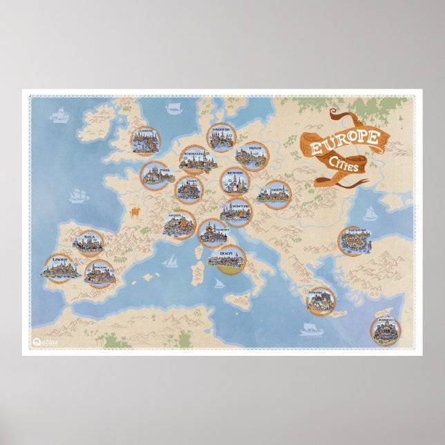 Carte Europe avec villes vintages - Poster Papier (Devant)
